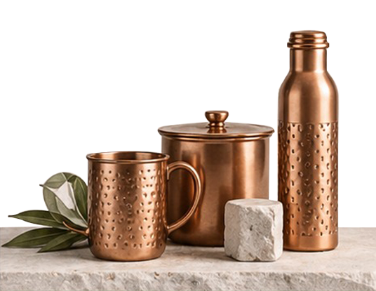 Copper bottle, pot and cup for custom metalware orders