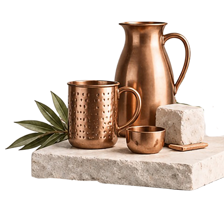 Copper jug and drinkware on a stone plinth
