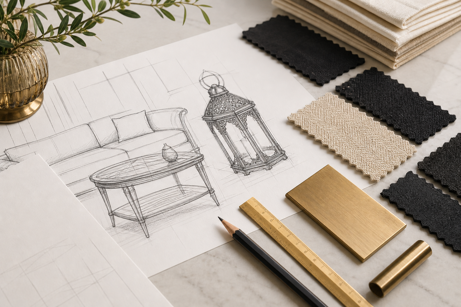 Design sketches with brass and fabric samples