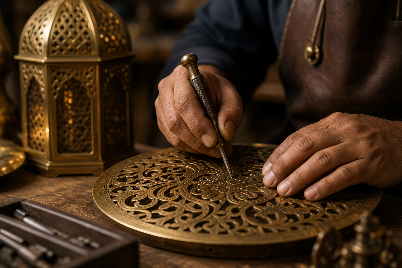 Artisan working on ornate brass metalwork