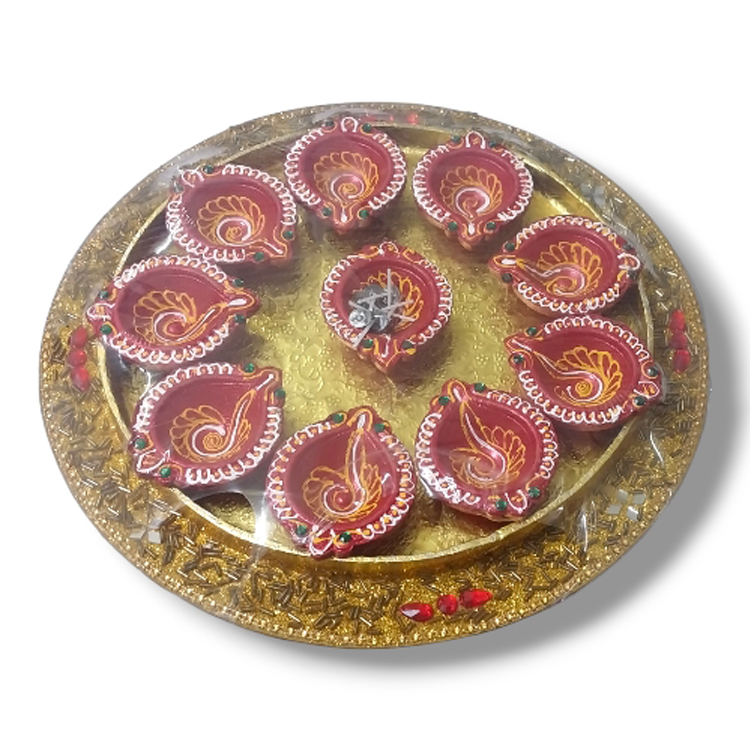 10 pcs Diya in Decorative Round Tray