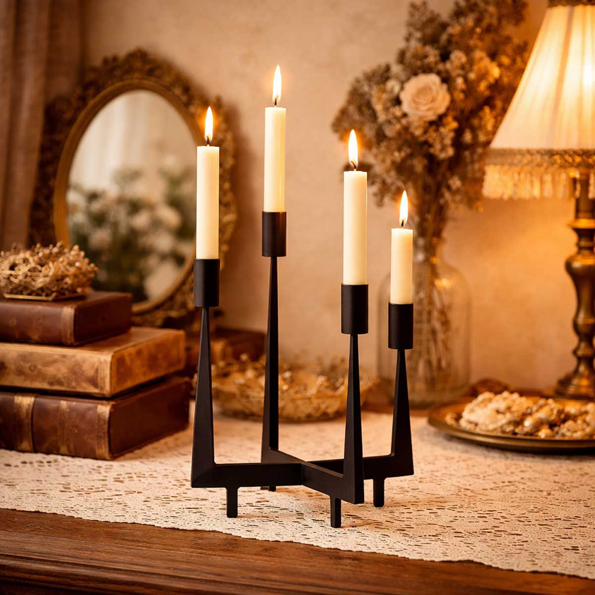 Decorative candle stand with lit candles