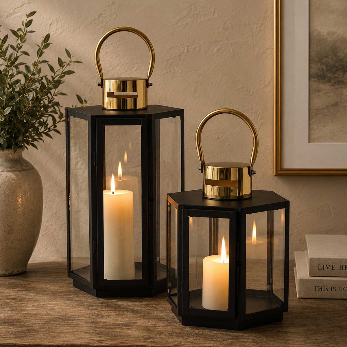 Black and brass lanterns with candle light